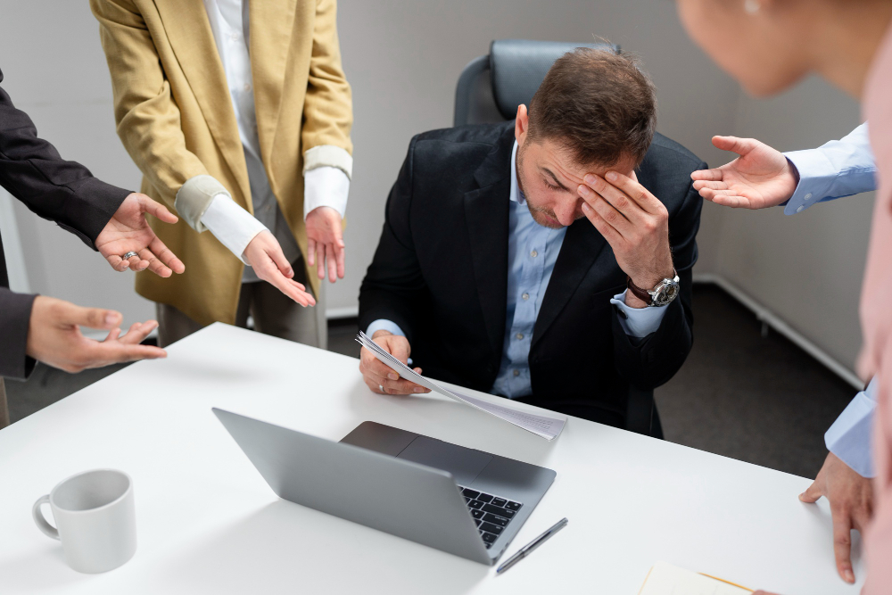 A imagem contém um trabalhador ao meio, com as mãos na cabeça, com expressão de constrangido, ao lado de 3 pessoas com mãos direcionadas a ele como se estivessem fazendo alguma cobrança.