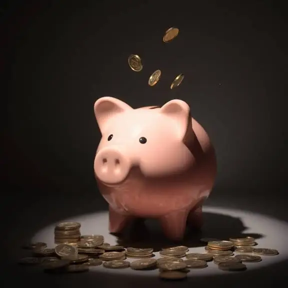A imagem contém um cofre em formato de porco, de cor rosa claro, e o fundo preto, com diversas moedas caindo.
