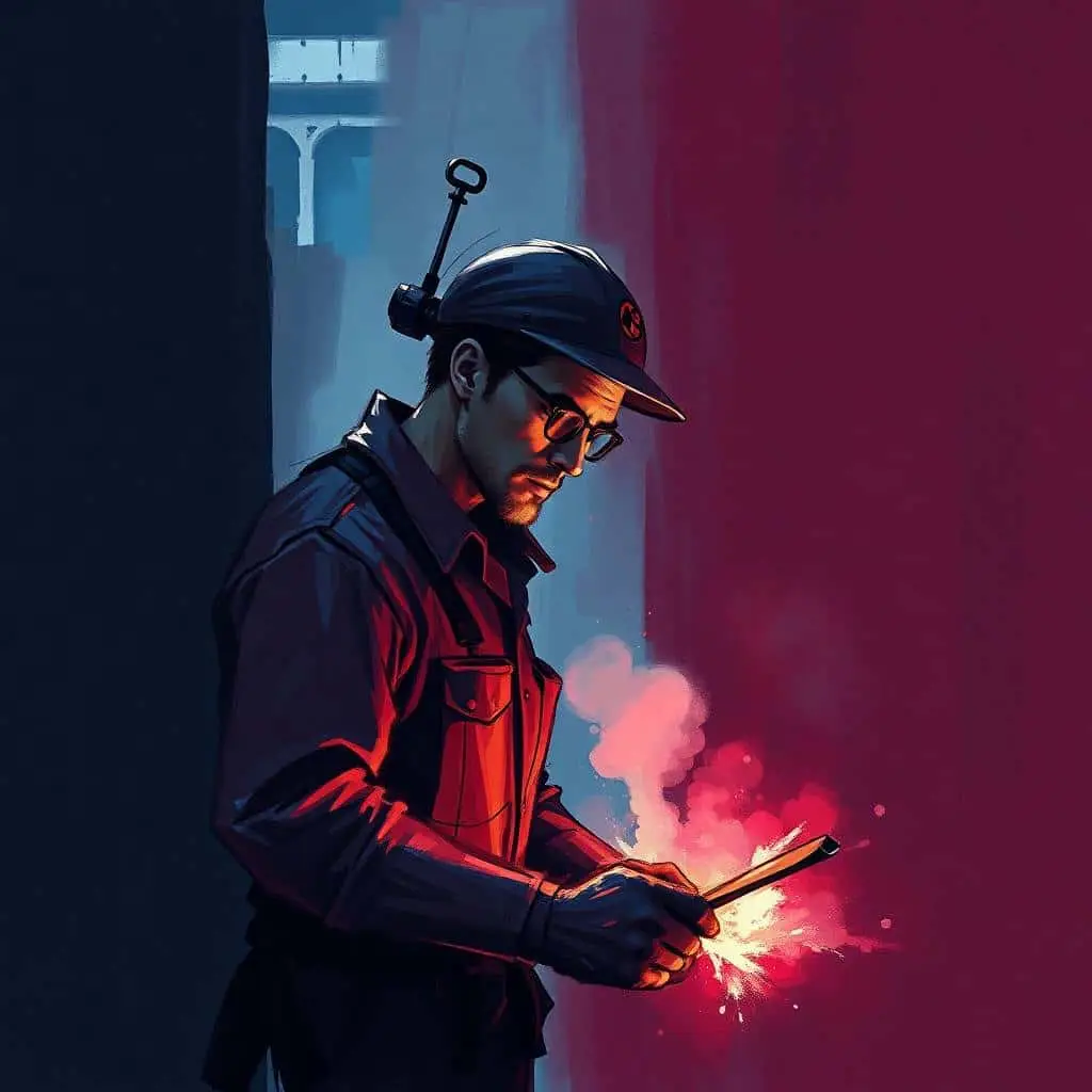 A imagem contém um trabalhador operando uma máquina de solda com sua mão. Ele usa uniforme escuro e capacete. Ao fundo temos um ambiente preto, branco e vermelho.