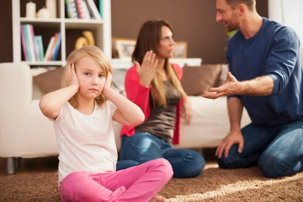 A imagem contém um homem de camisa azul brigando com uma mulher de roupa vermelha. Na frente de ambos tem uma criança com as mãos tampando os ouvidos e vestida de camisa branca e calça rosa. A imagem se passa em uma sala com sofá branco ao findo e uma estante com diversos livros de cores variadas.