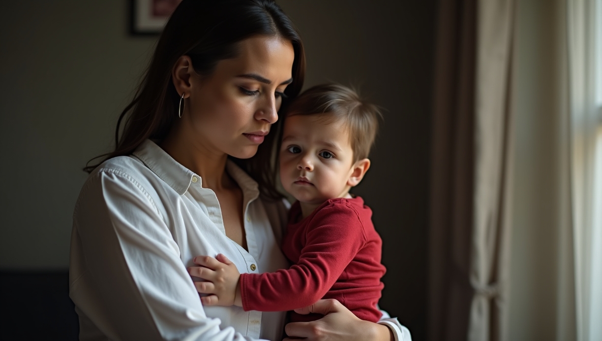 Mulher em contexto de violência doméstica segurando o seu filho no colo.