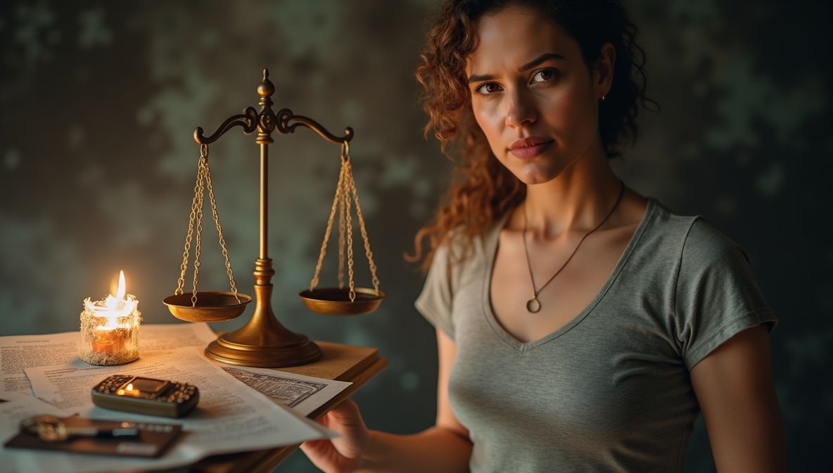 Mulher com expressão séria e determinada, em pé diante de uma balança da justiça iluminada. Ao fundo, sombras de documentos rasgados, celular quebrado, cartão de crédito cortado e objetos pessoais danificados, representando a violência patrimonial.