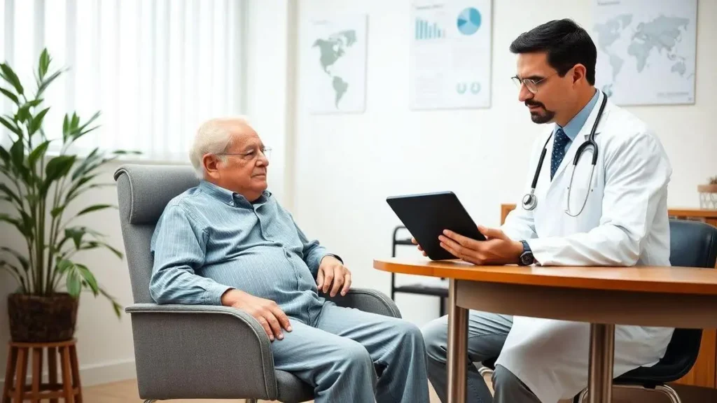 A imagem tem um idoso, sentado em uma poltrona, conversando com um médico.