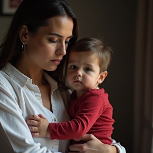 Mulher em contexto de violência doméstica segurando o seu filho no colo.