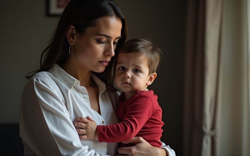 Mulher em contexto de violência doméstica segurando o seu filho no colo.