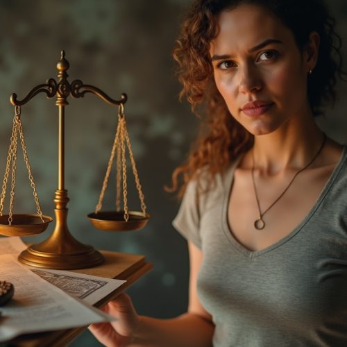 Mulher com expressão séria e determinada, em pé diante de uma balança da justiça iluminada. Ao fundo, sombras de documentos rasgados, celular quebrado, cartão de crédito cortado e objetos pessoais danificados, representando a violência patrimonial. 