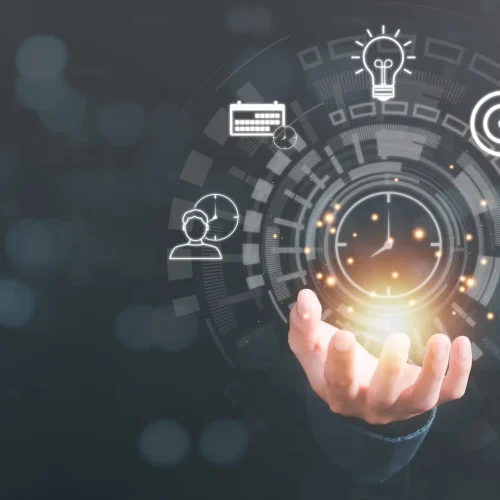 Businessman showing virtual icon in hand, time management concept,effective business planning,time management in the organization,Agreement and solution,